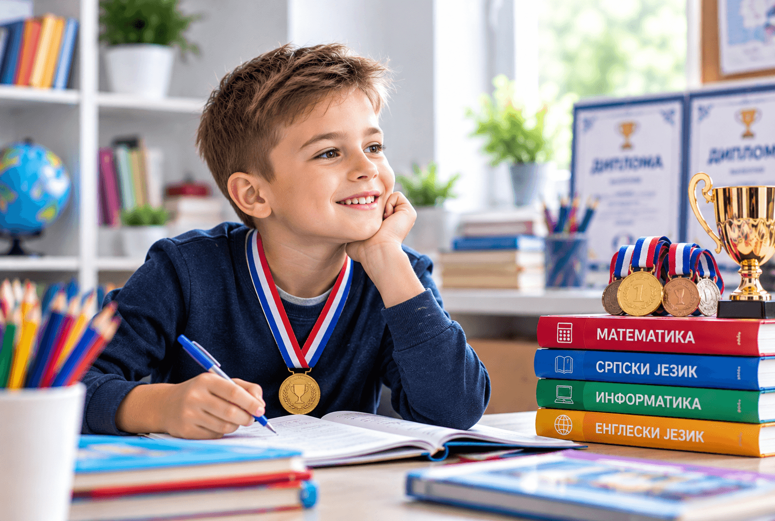 Young Scholar with Trophies and Textbooks 1
